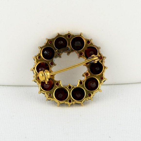 Vintage Genuine Garnet Brooch Gold Tone Circle Tested Dark Round Faceted Germany - Picture 5 of 8